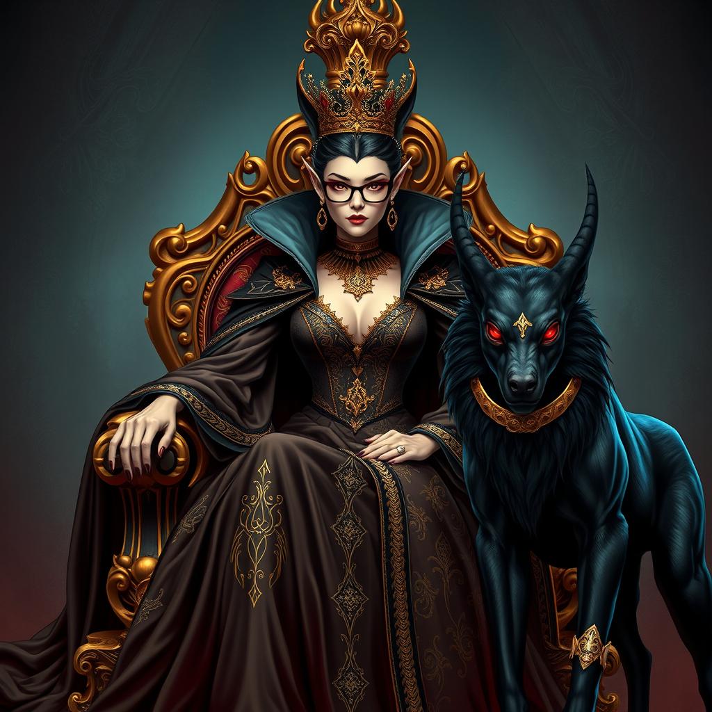 The Queen of Hell, elegantly seated on a majestic throne adorned with intricate designs, radiating a powerful aura