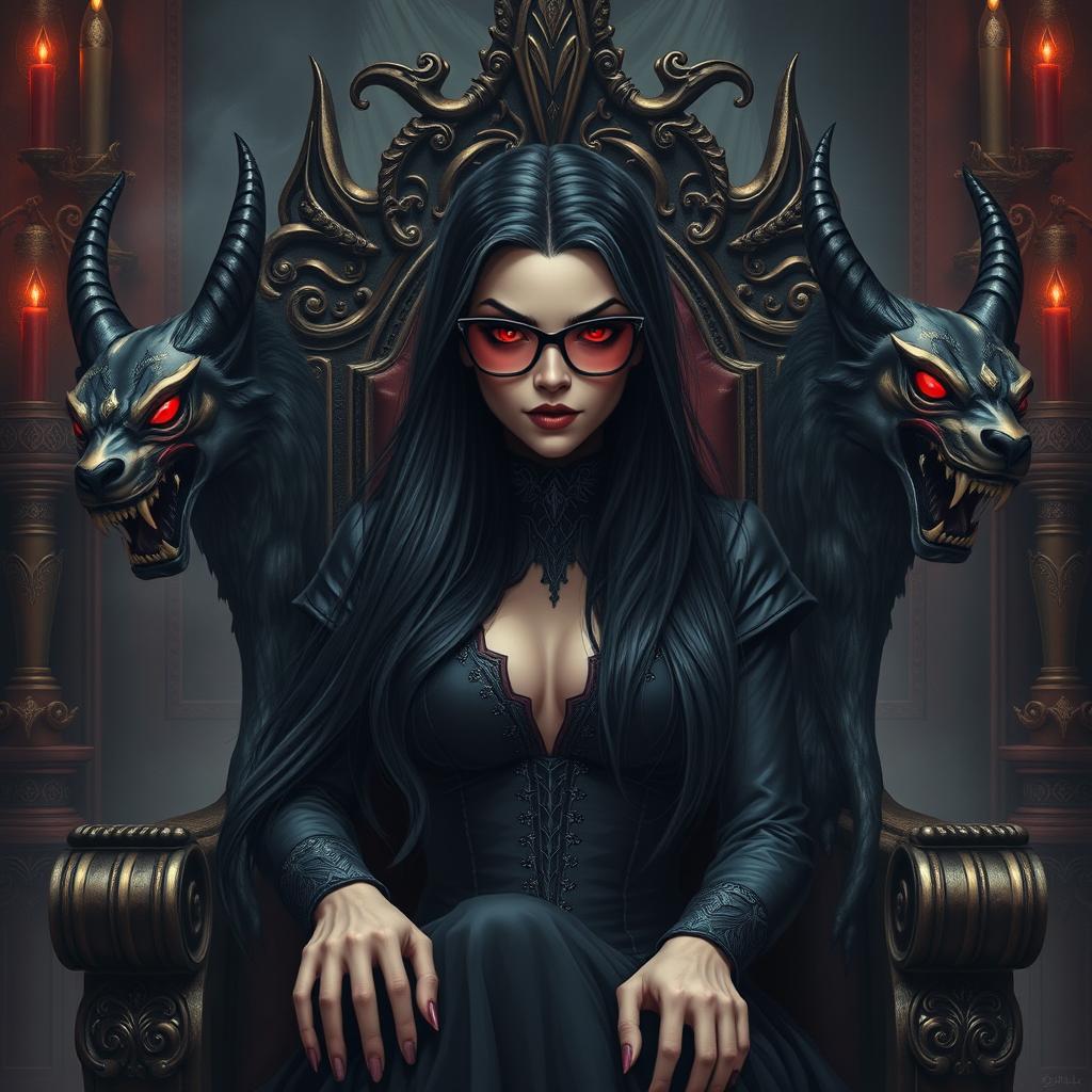 A powerful and mesmerizing depiction of the Queen of Hell, her captivating red eyes glaring through stylish glasses, and her long, flowing black hair cascading down her back