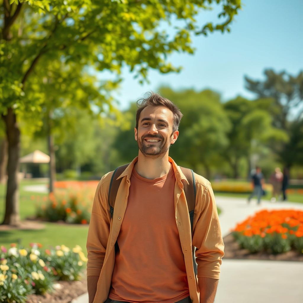 A man walking peacefully with a calm demeanor