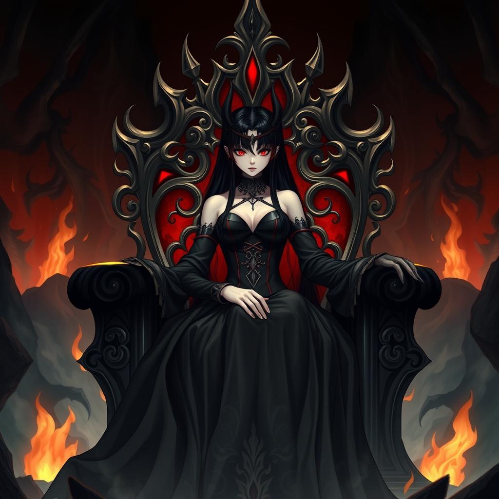 A striking visual of the Queen of Hell, featuring a character with vivid red eyes and sleek long black hair
