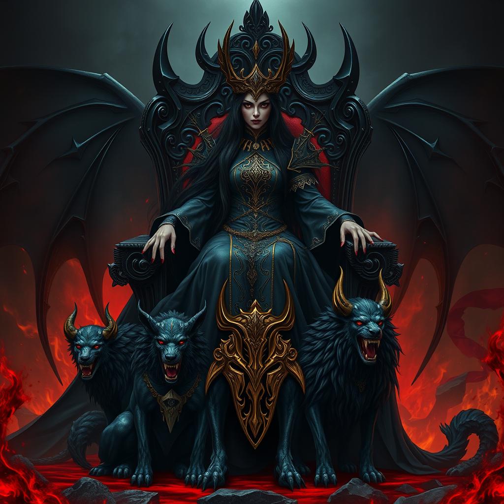 A majestic and imposing Queen of Hell with long, flowing black hair and striking red eyes, seated regally on an elaborate dark throne