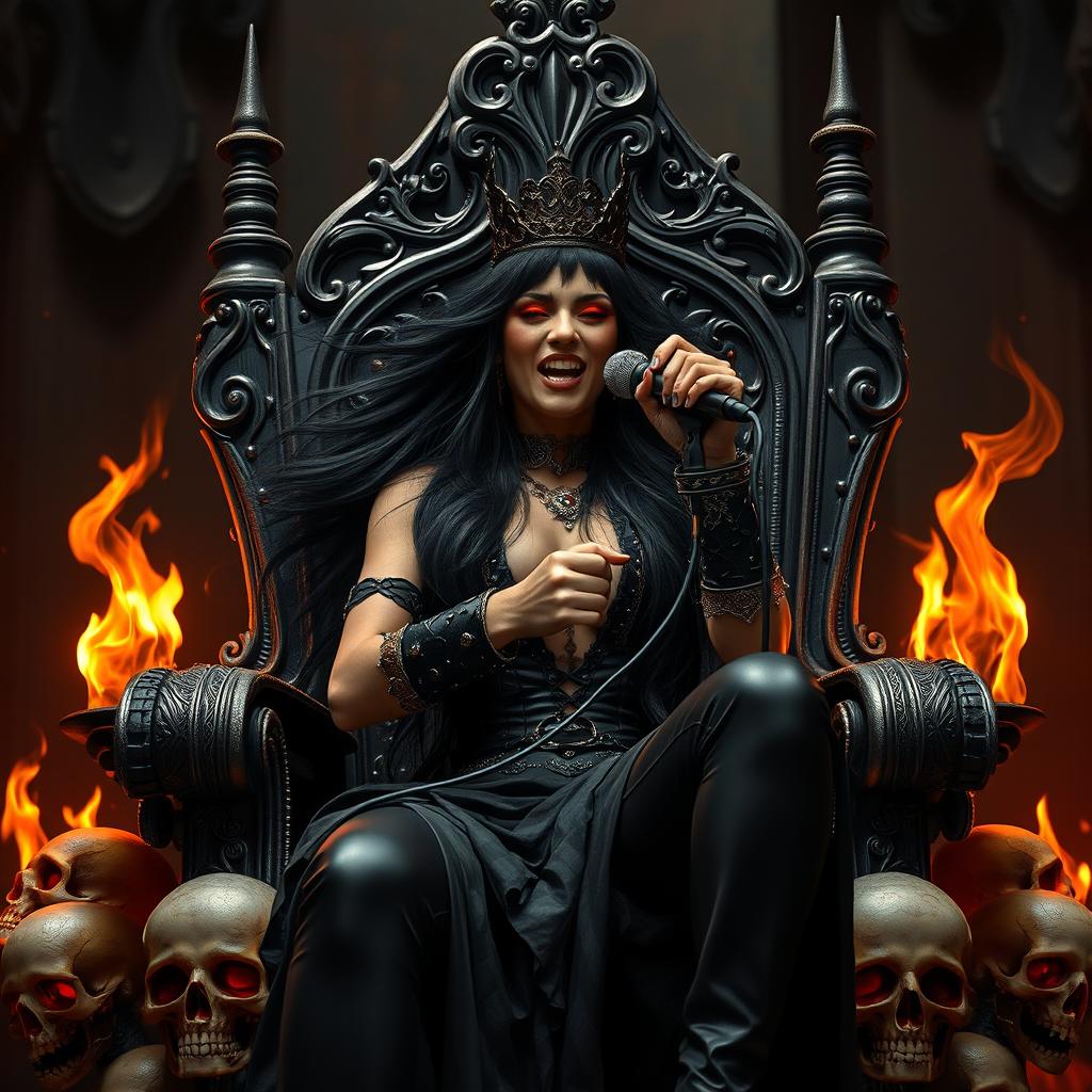 A powerful and striking Queen of Hell with fiery red eyes and long, flowing black hair, seated regally on a dark, ornate throne
