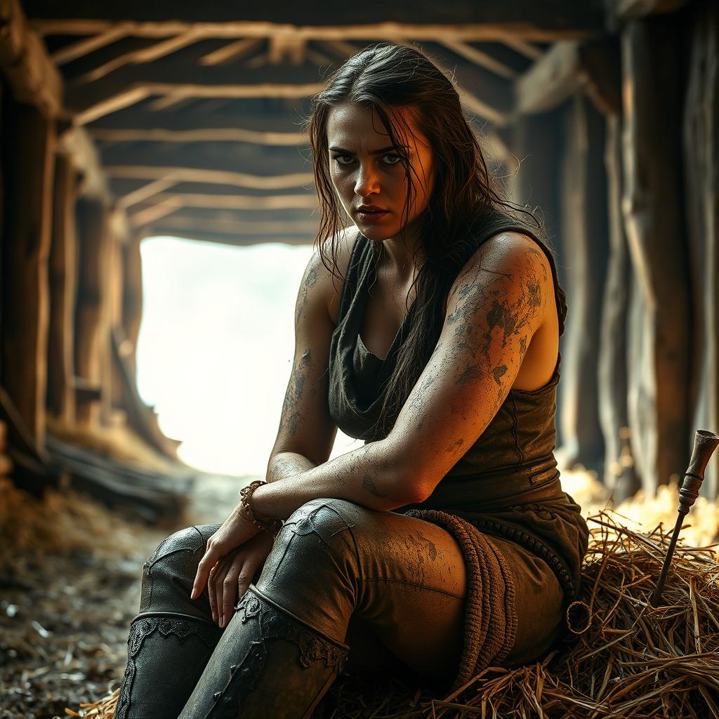 A dramatic scene set in a medieval stable where a woman, covered in dirt and bearing visible wounds from a fierce battle, seeks refuge
