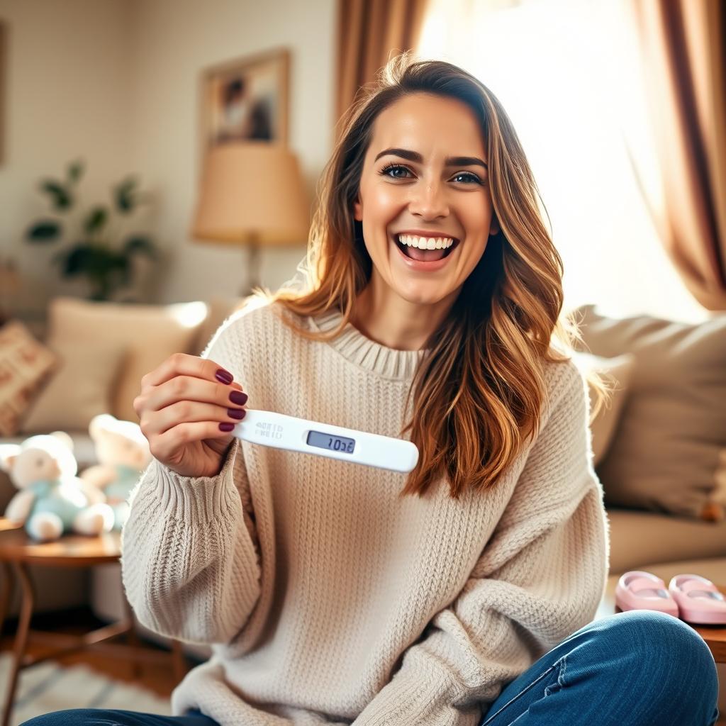 A beautiful woman with an excited smile, holding a positive pregnancy test in her hands, sitting in a cozy and warmly decorated living room