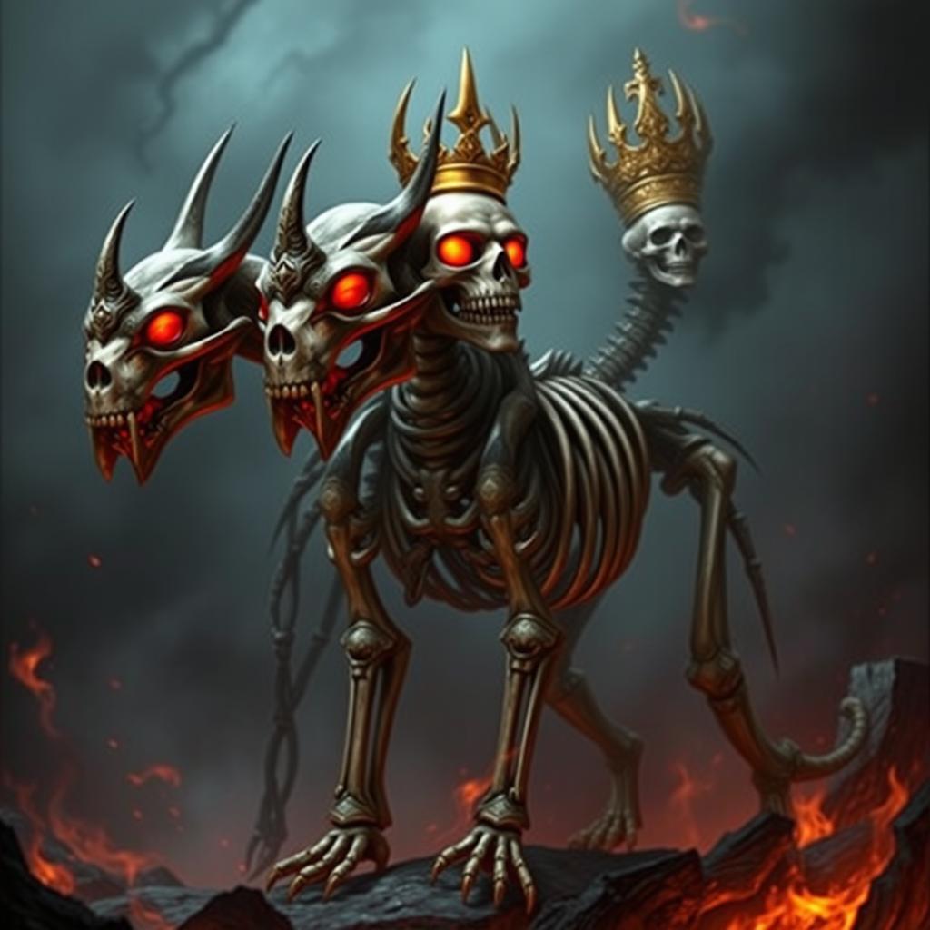 A majestic three-headed skeleton guardian resembling a Cerberus, with one of its heads adorned in gleaming gold, representing a regal presence