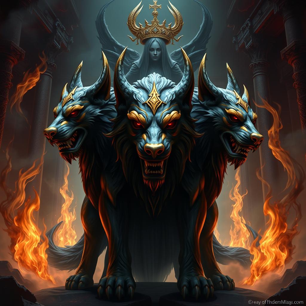 A majestic and fearsome three-headed dog named Berberus, with one head adorned in shimmering gold