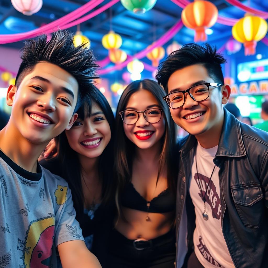 A vibrant and dynamic scene featuring three friends joyfully posing together, capturing a moment of camaraderie and friendship