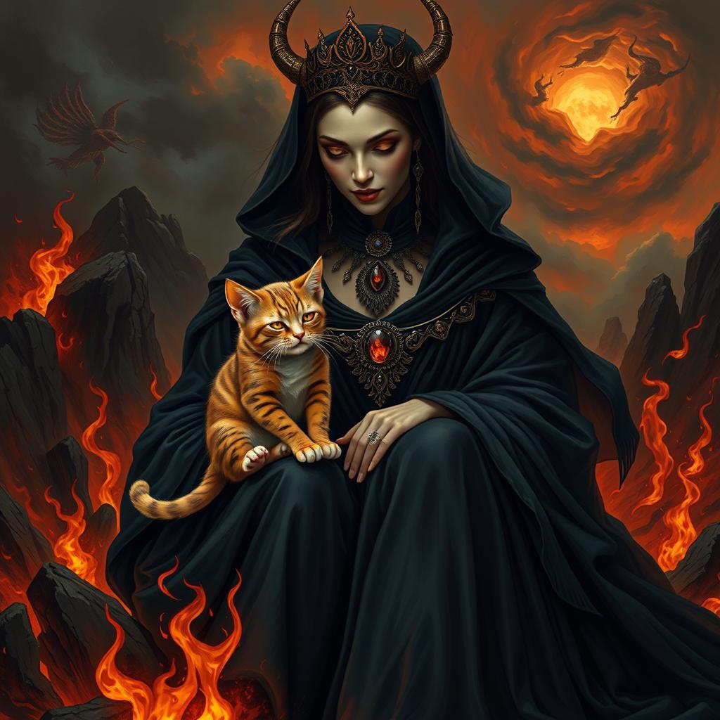 A small, mischievous orange and black cat with a fiery disposition, playfully perched on the knees of the Queen of Hell