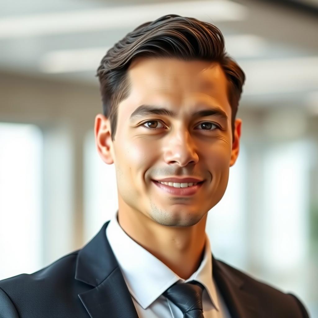 A professional and polished headshot for a resume, featuring a well-groomed individual with the same facial features