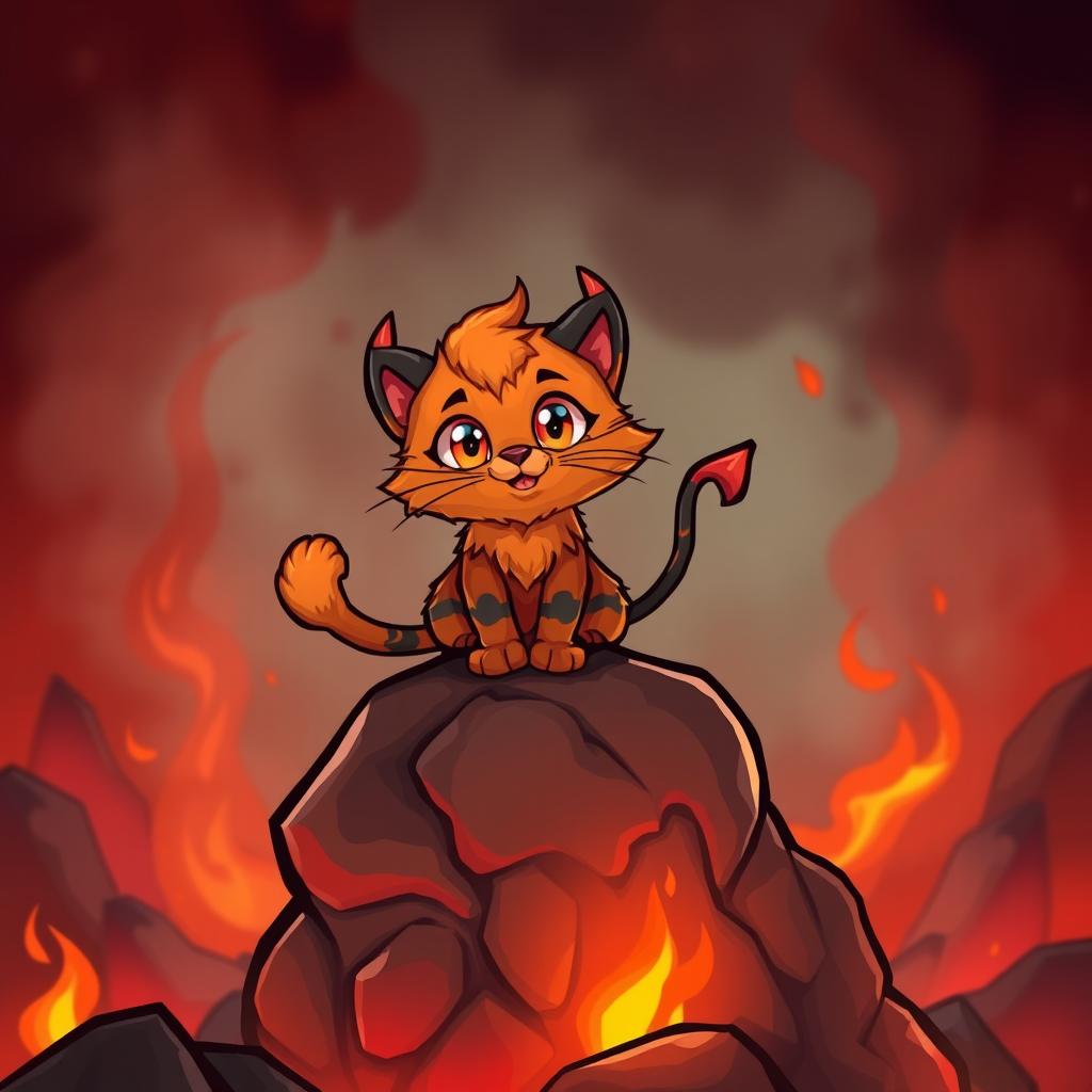 A whimsical scene featuring a mischievous little orange and black cat, designed with playful devilish features, such as tiny horns