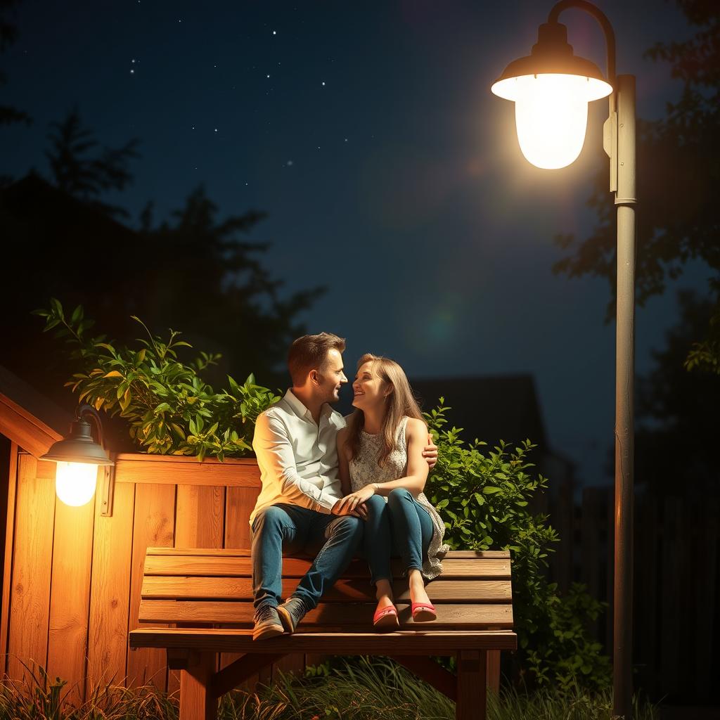 A couple sitting closely on a waiting shed, sharing an intimate moment under a softly glowing streetlamp