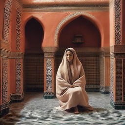 A woman wearing a traditional Moroccan Hayek in a Hammam during the day, giving off a sense of tranquility and cultural heritage