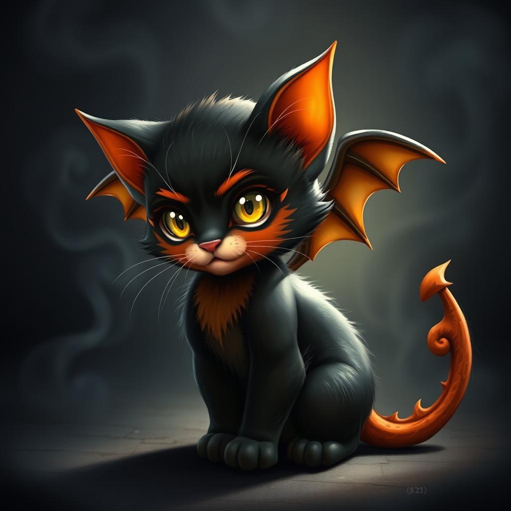 A little black and orange cat resembling a devil, featuring bat-like wings and a long, spiky demon tail