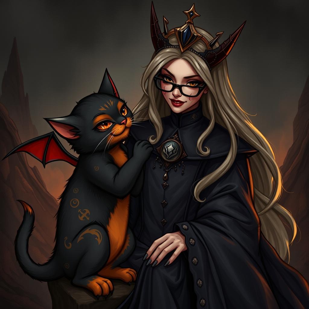 A little black and orange cat with devilish features and small wings, playfully interacting with a regal Queen of Hell