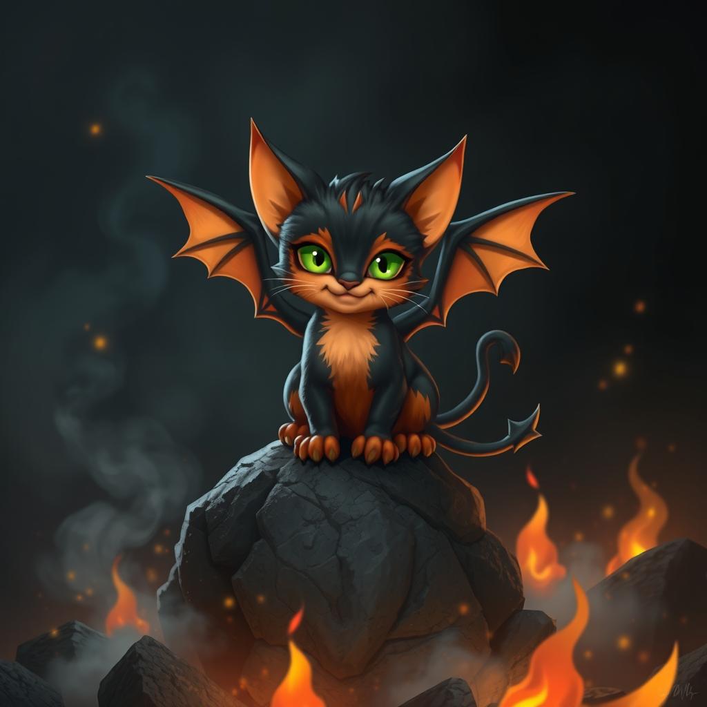A small, playful black and orange cat with glowing green eyes, featuring demonic wings and a long, spiked tail