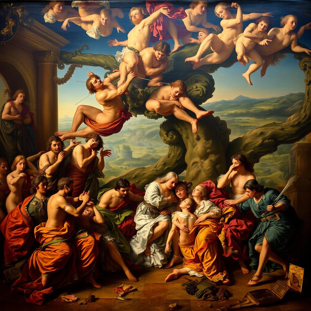 A stunning Baroque painting depicting a dramatic scene with intense chiaroscuro, showcasing dynamic movement and rich details