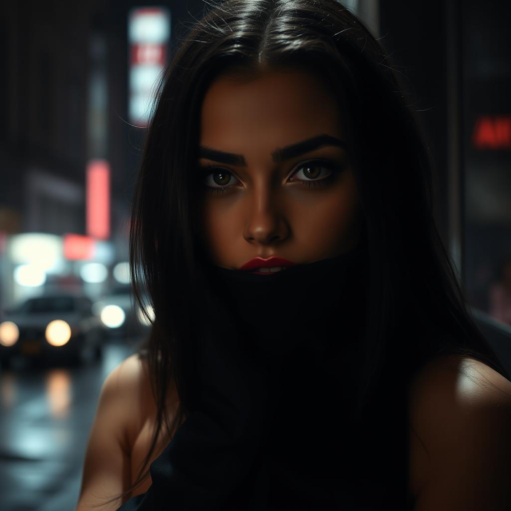 A mysterious woman in a dark, shadowy space, her mouth elegantly bound with soft black fabric