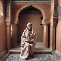 A woman wearing a traditional Moroccan Hayek in a Hammam during the day, giving off a sense of tranquility and cultural heritage