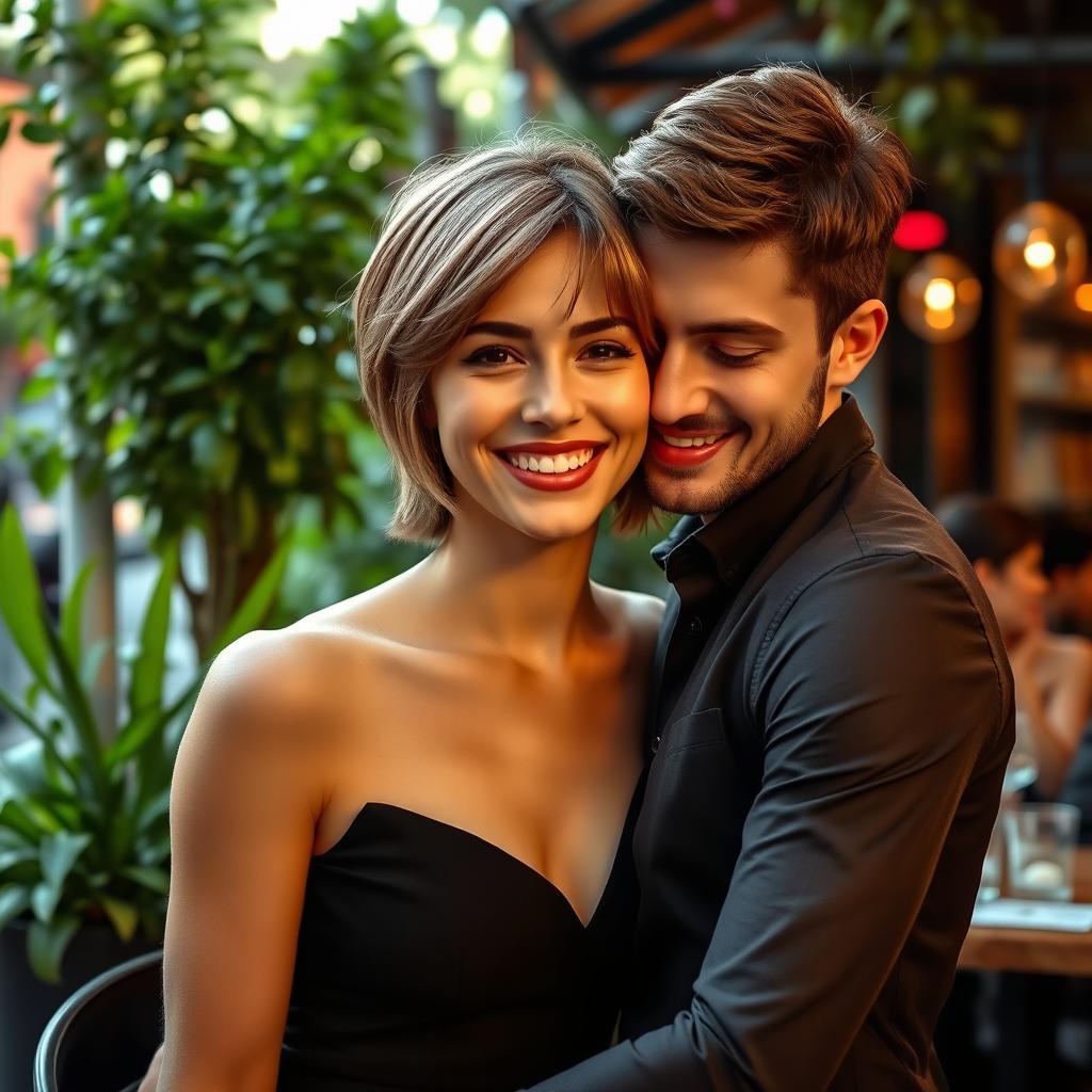 A beautiful young Italian woman with short light brown hair, dressed elegantly in a fashionable black dress