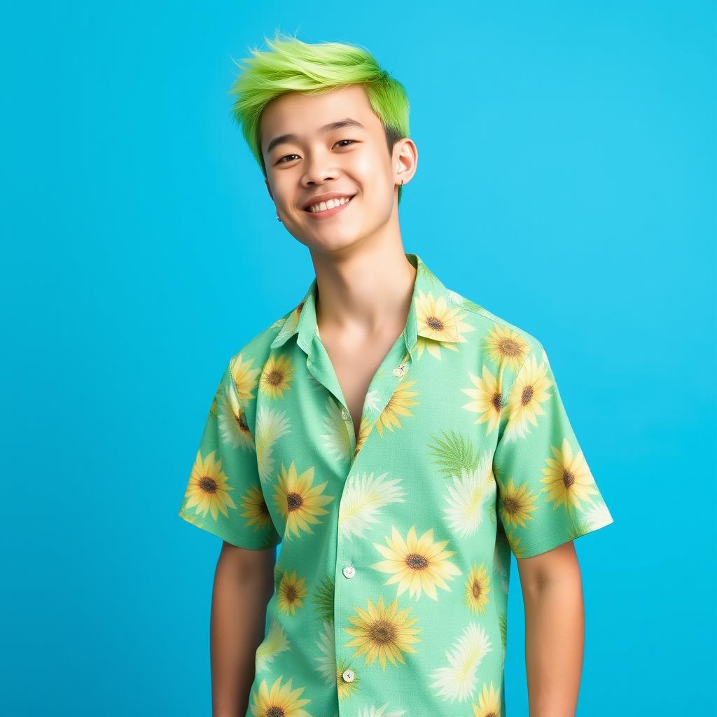 A young man with short bright green hair, wearing a Hawaiian shirt, shorts, and flip flops