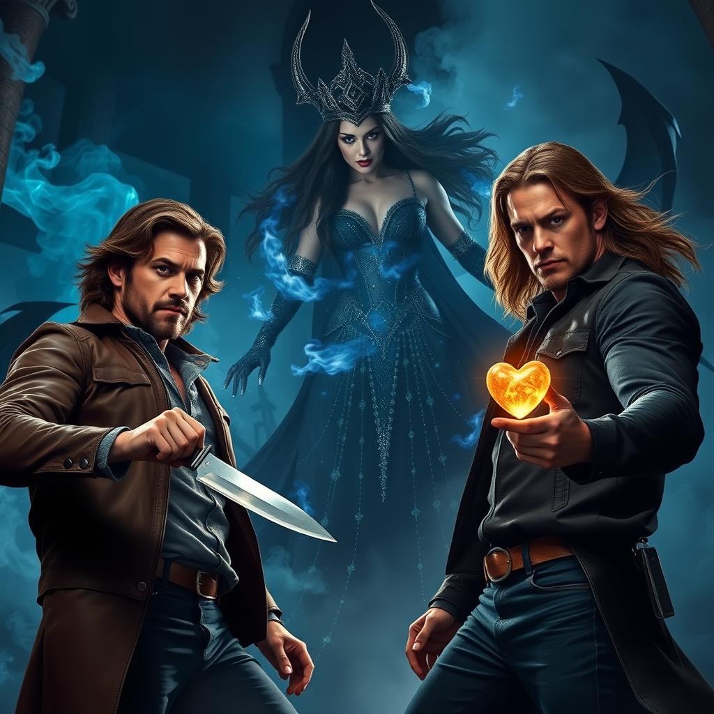 Two rugged and heroic brothers, Dean Winchester and Sam Winchester, engaged in a fierce battle against a powerful Queen of Hell