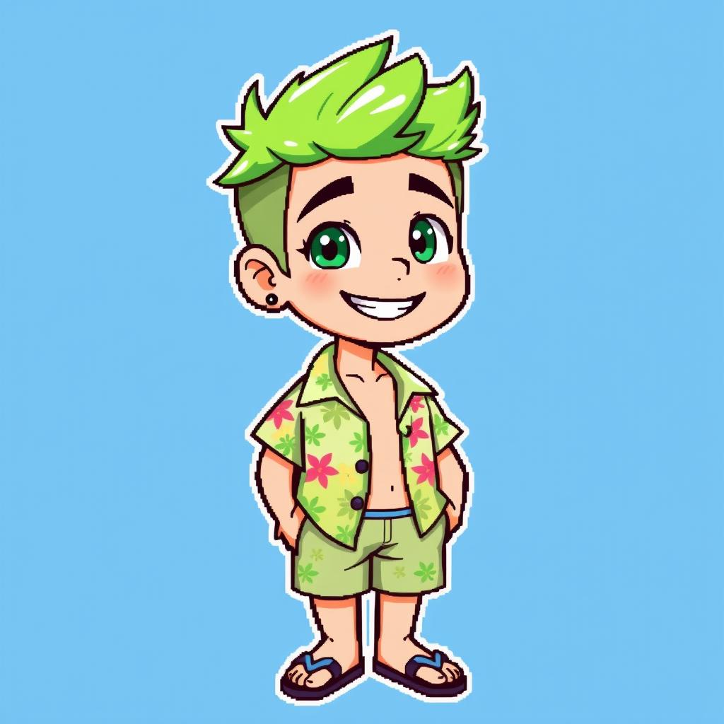 A pixel art drawing of a young man with very short bright green hair, wearing a Hawaiian shirt, shorts, and flip-flops