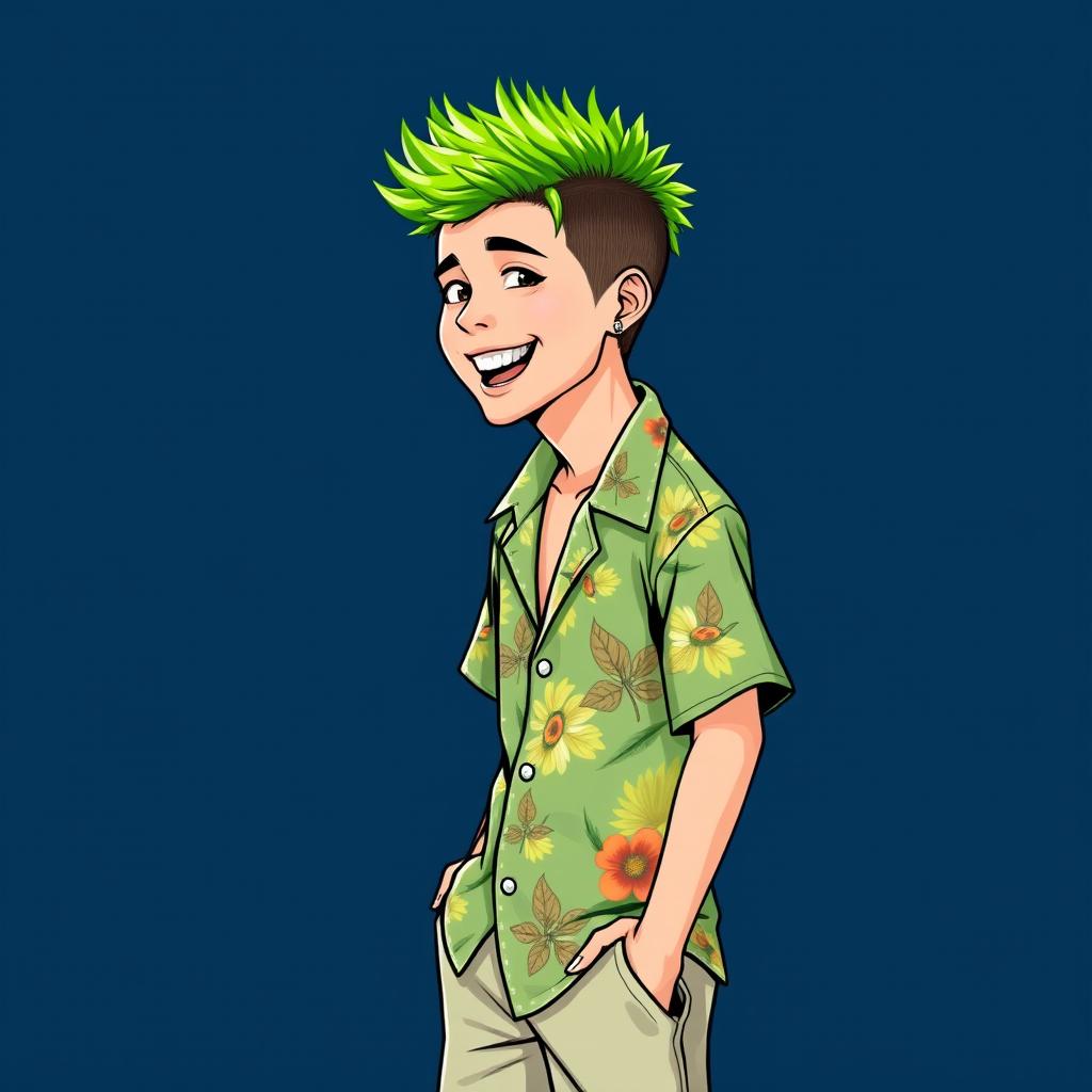 A young man with a very short "hedgehog" hairstyle in bright green color