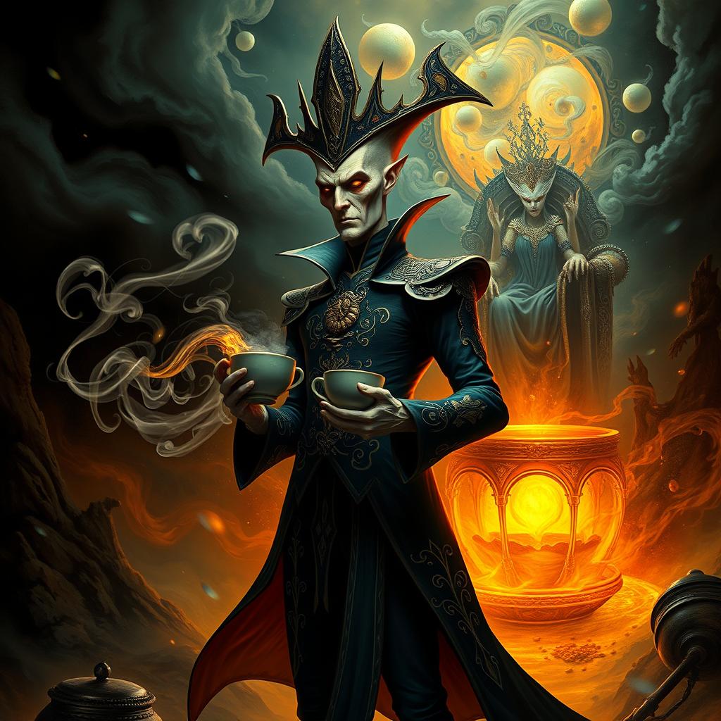 A surreal scene depicting a fantastical coffee-themed servant of a mystical queen from the underworld