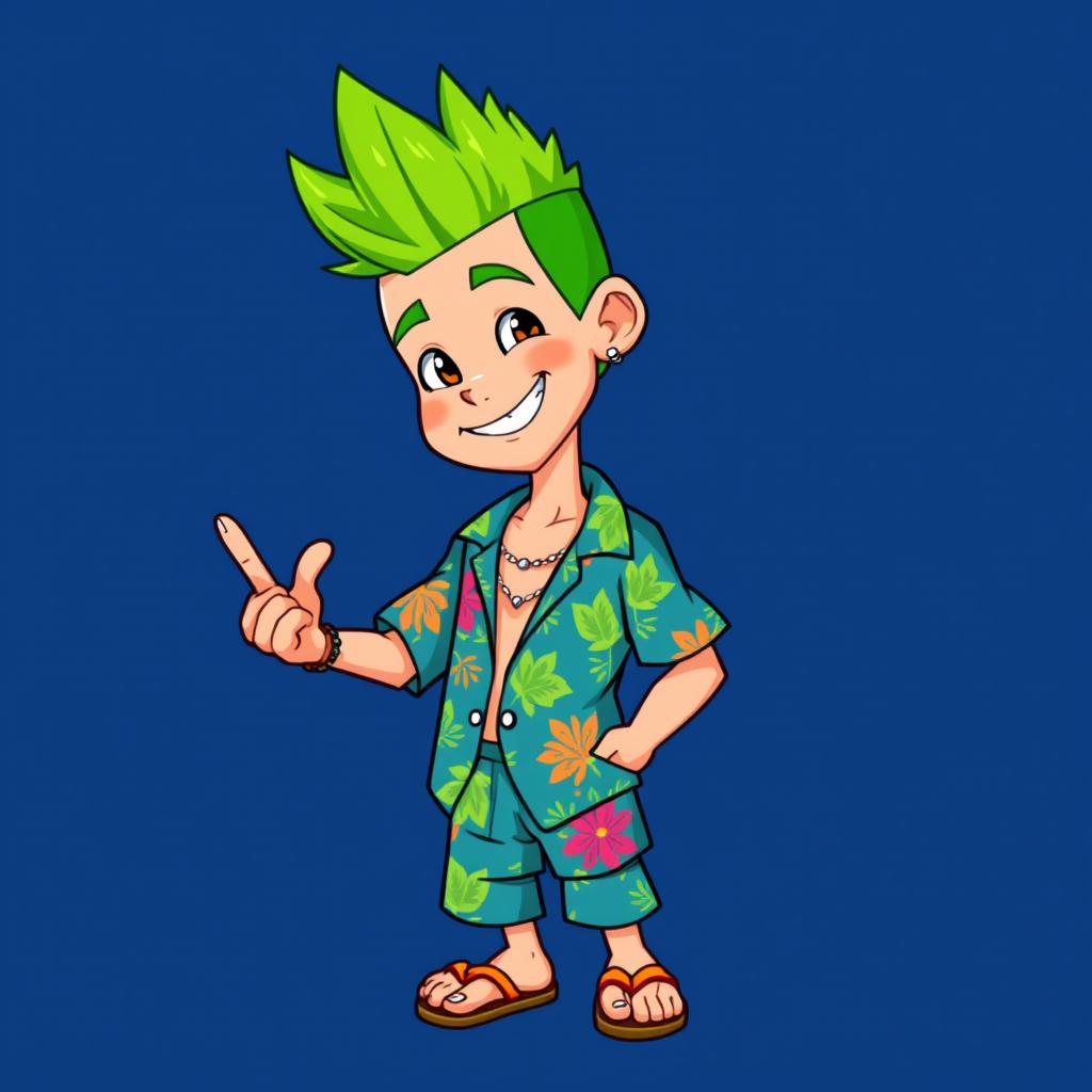 A young man with a bright green buzz cut hairstyle, wearing a vibrant Hawaiian shirt and shorts, along with sandals