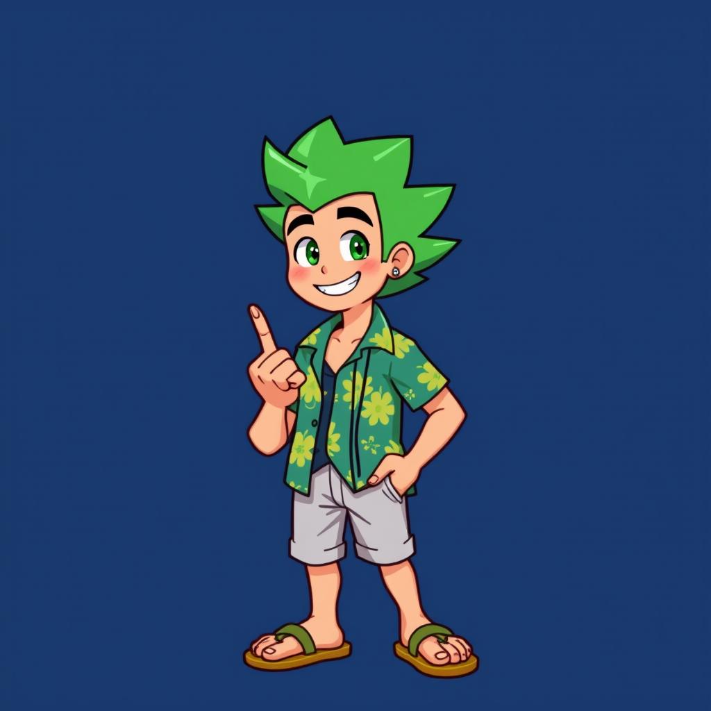 A young man with a very short green 'hedgehog' hairstyle, wearing a Hawaiian shirt, shorts, and flip-flops, with a cheerful expression