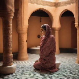 A woman wearing a traditional Moroccan Hayek in a Hammam during the day, giving off a sense of tranquility and cultural heritage