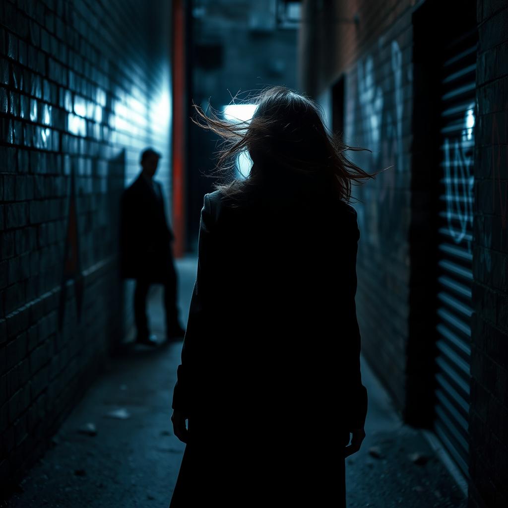 A dramatic urban scene featuring a woman seen from behind in an abandoned alley, wearing a long coat with her hair flowing in the wind