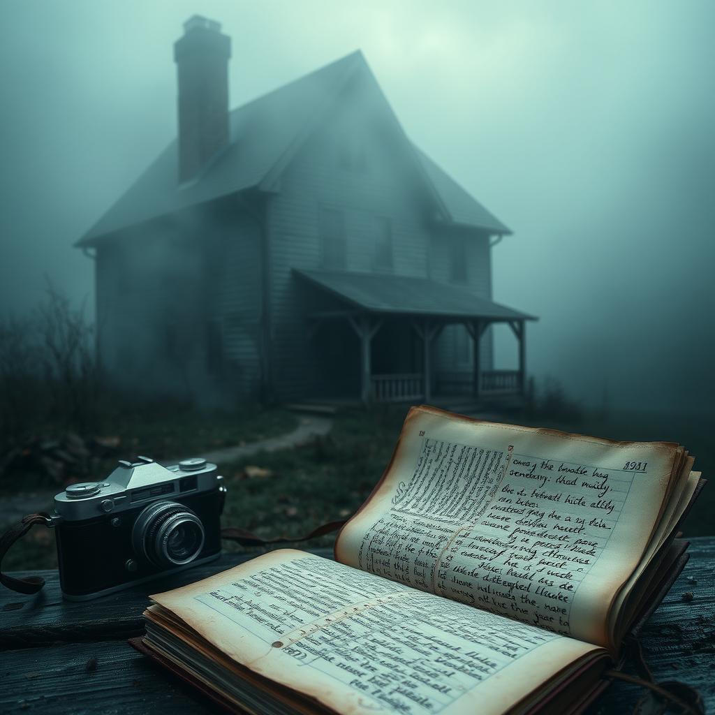 An old house partially shrouded in fog, with an open diary in the foreground, its pages fluttering in the wind
