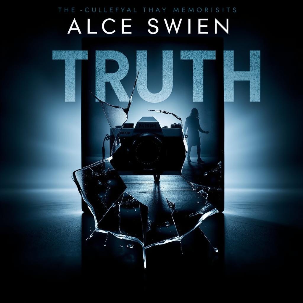 A broken glass occupying the foreground of the cover, reflecting a camera, a key, and the silhouette of a woman walking alone