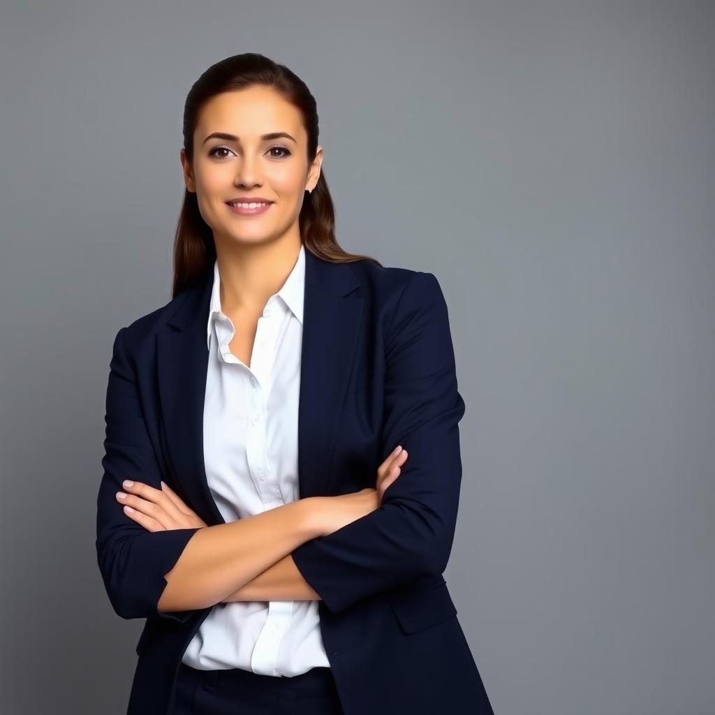 A confident model standing against a neutral gray background, wearing a tailored navy blazer and a crisp white shirt
