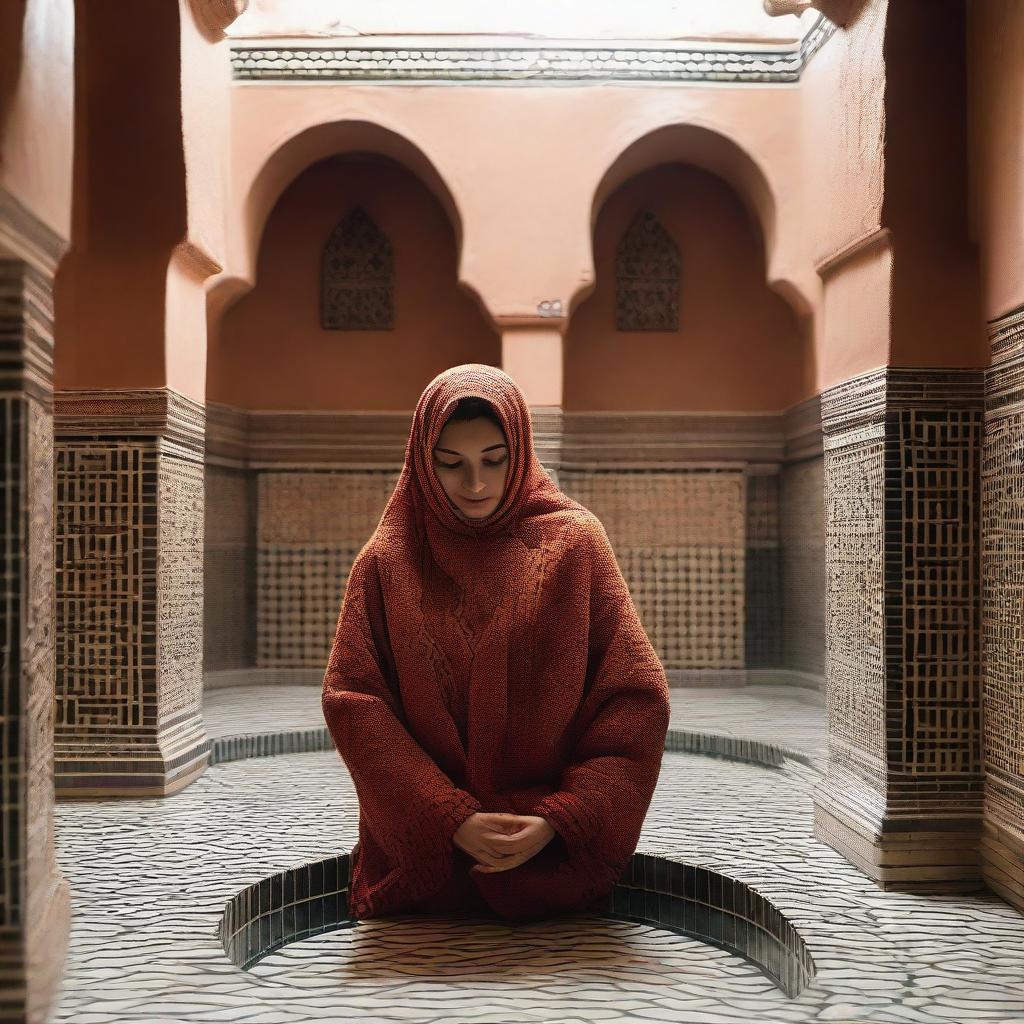 A woman wearing a traditional Moroccan Hayek in a Hammam during the day, giving off a sense of tranquility and cultural heritage