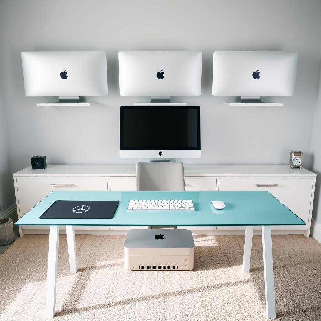 A beautifully designed home office featuring a light turquoise glass table as the centerpiece