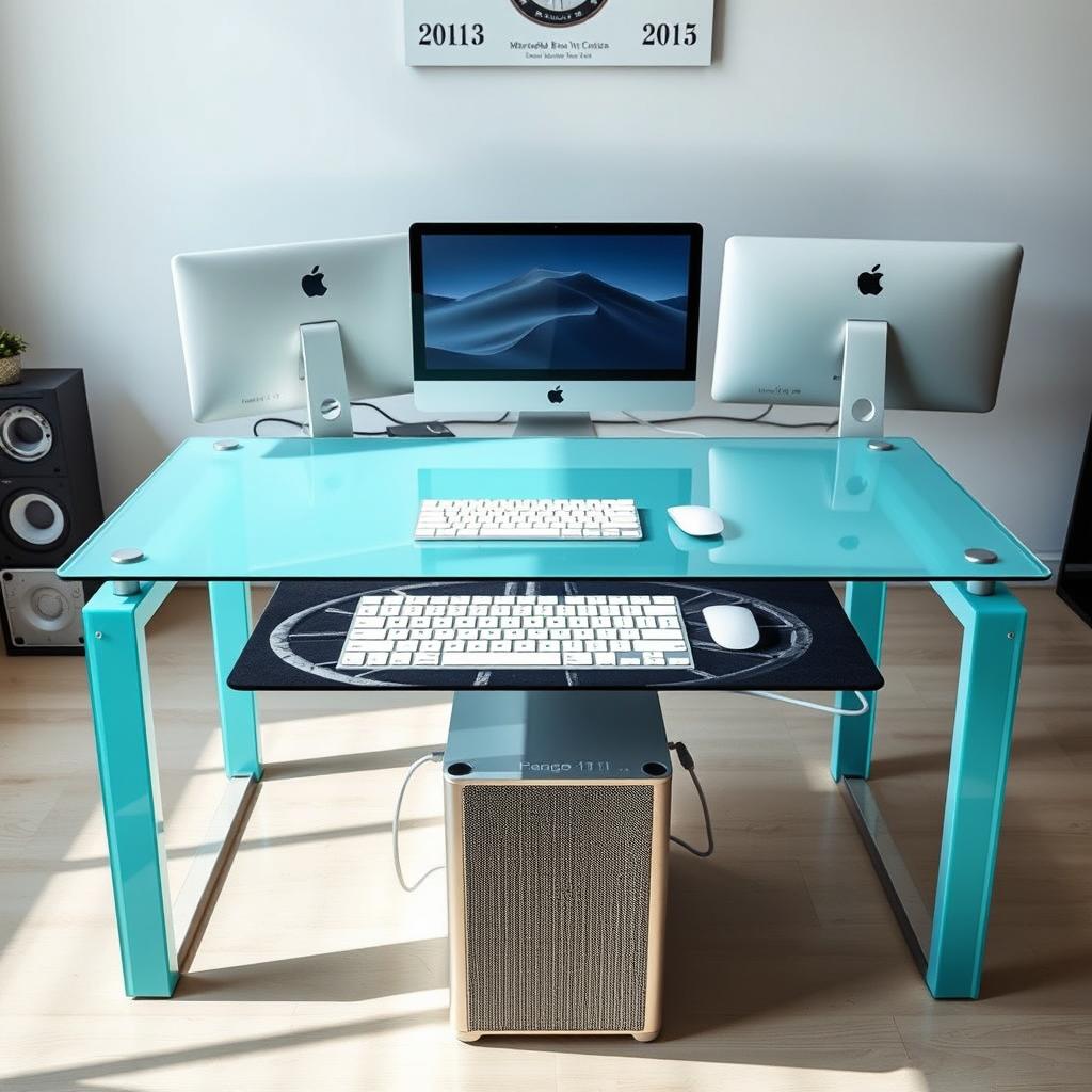 A modern home office scene featuring a light turquoise glass table measuring 80x160 cm positioned against the wall