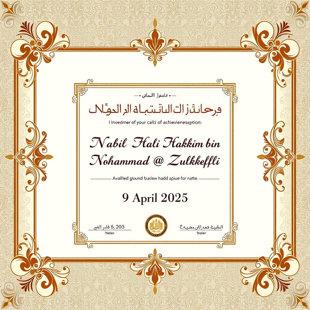 A beautifully designed certificate of achievement featuring ornate borders and a subtle background pattern, prominently displaying the name "Nabil Hakimi bin Mohammad @ Zulkefli" in an elegant, bold font at the center