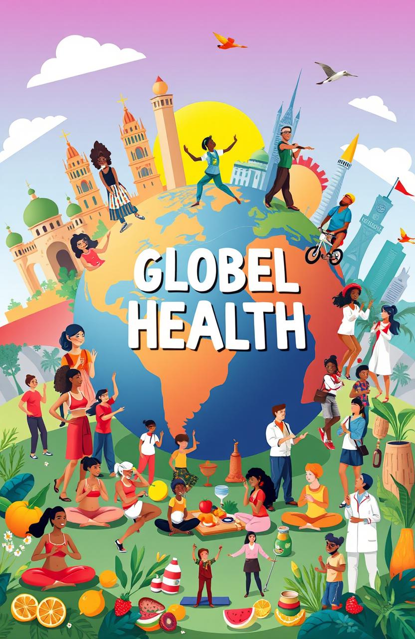 A vibrant and colorful illustration depicting global health, featuring diverse people from around the world engaging in healthy activities
