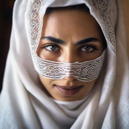 A detailed and closer view of a woman subtly covered in a traditional Moroccan veil within a Hammam, masking her facial features, highlighting the rich cultural heritage