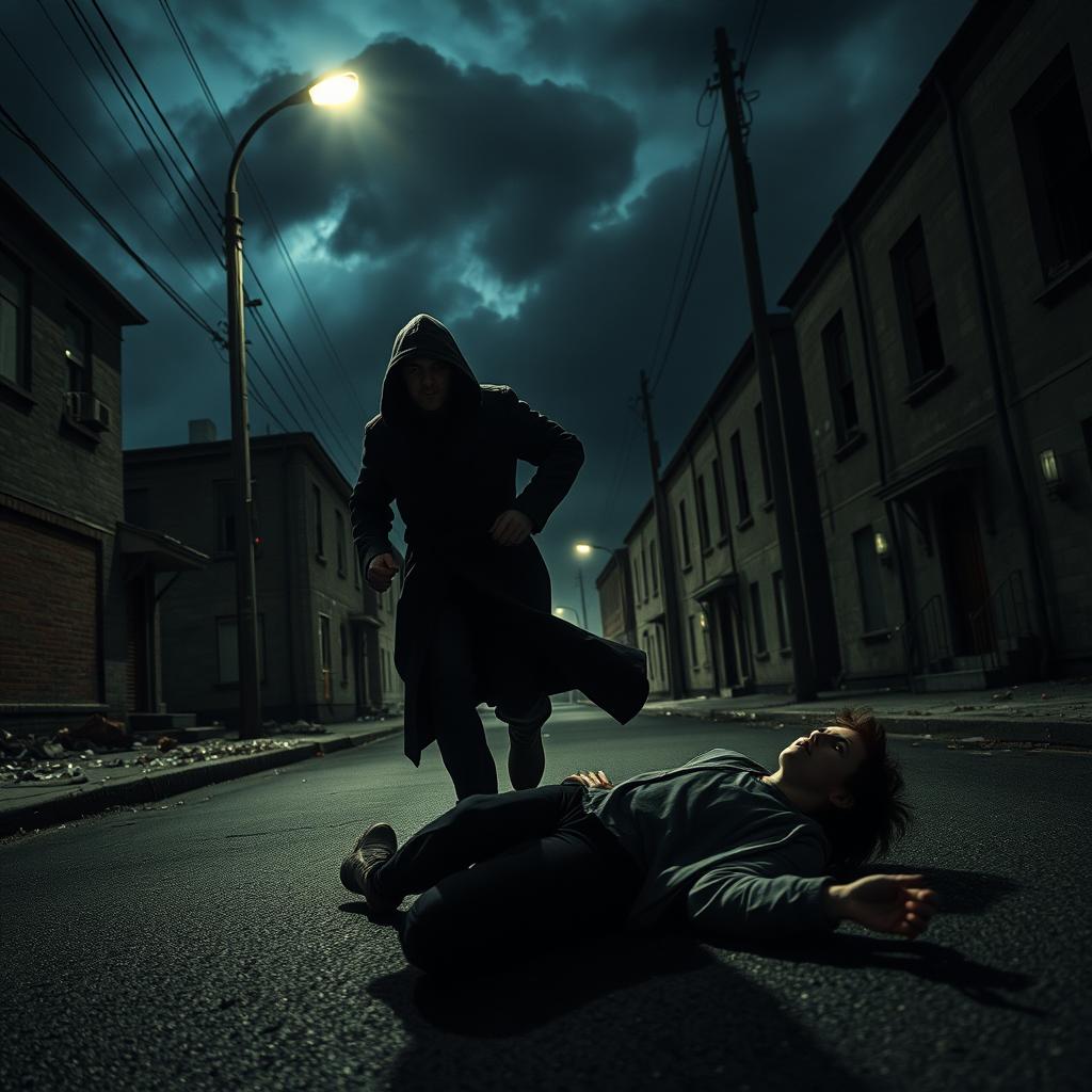 In a dark, terrifying street, an adult is running away after having knocked down a teenager