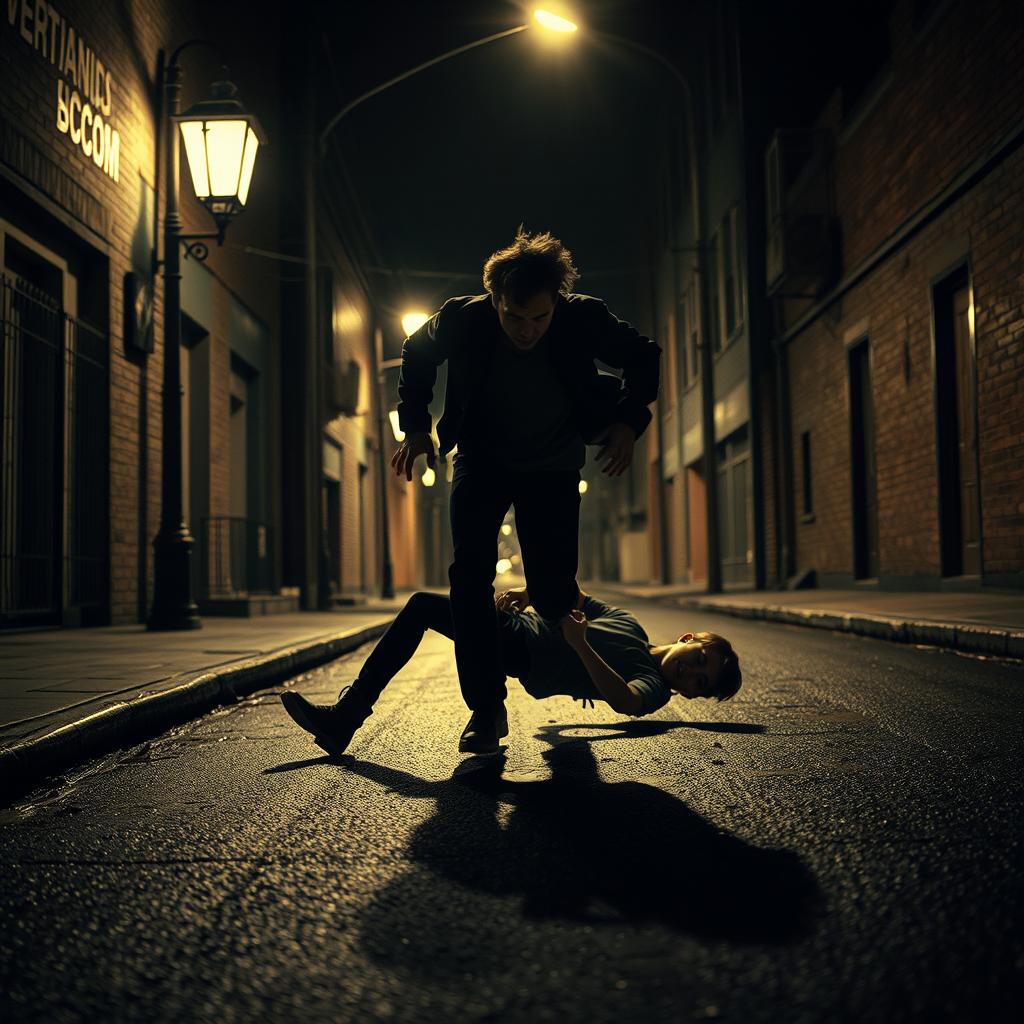 A dark and terrifying street scene at night, capturing an adult figure running frantically after having knocked down a teenager onto the grimy pavement