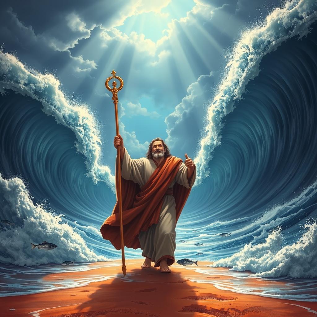 A dramatic scene depicting Moses parting the Red Sea, with towering waves on either side