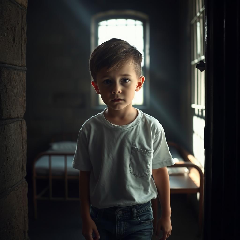 An adult innocent-looking boy entering a jail cell, the room is dimly lit with shadows creating an ominous atmosphere