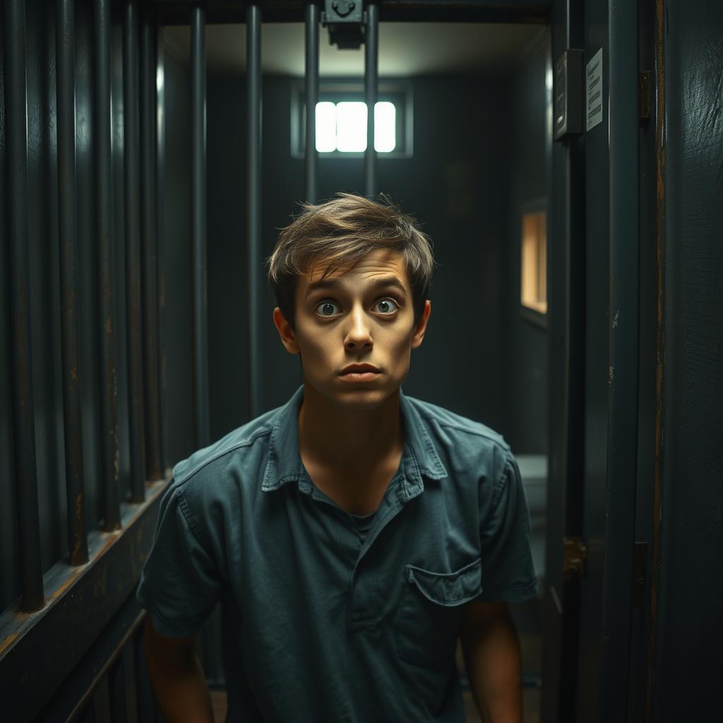 A scene depicting an innocent-looking adult male entering a prison cell