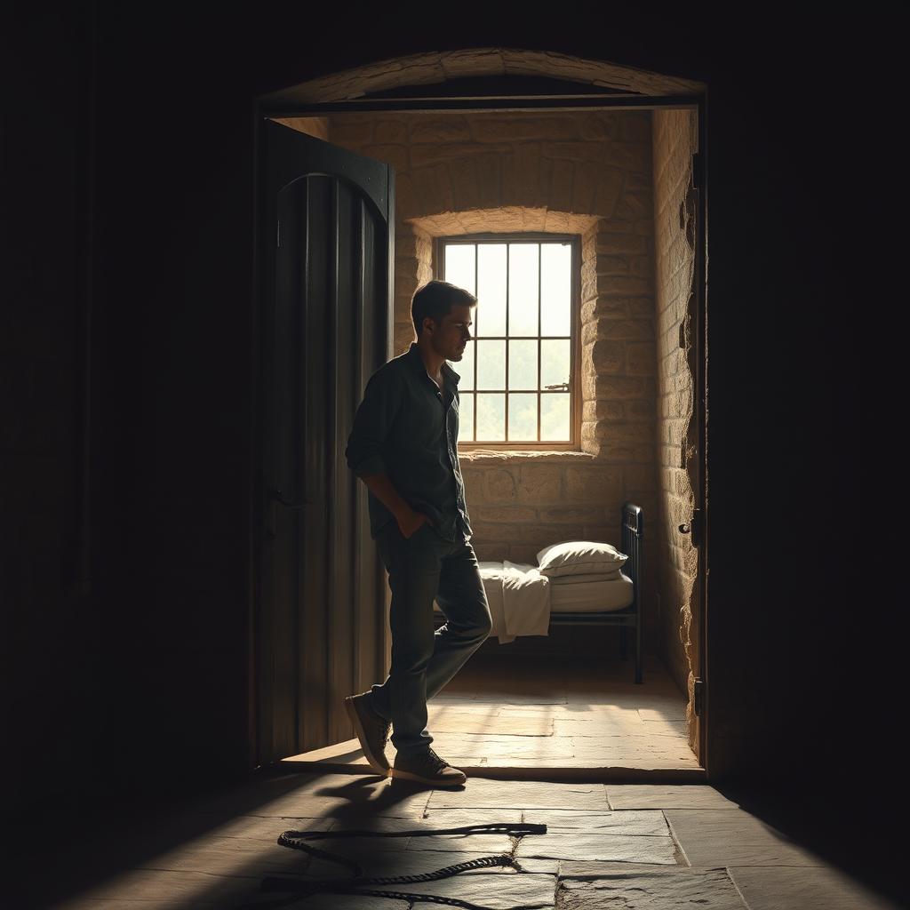 A serene scene depicting an innocent adult entering a prison cell