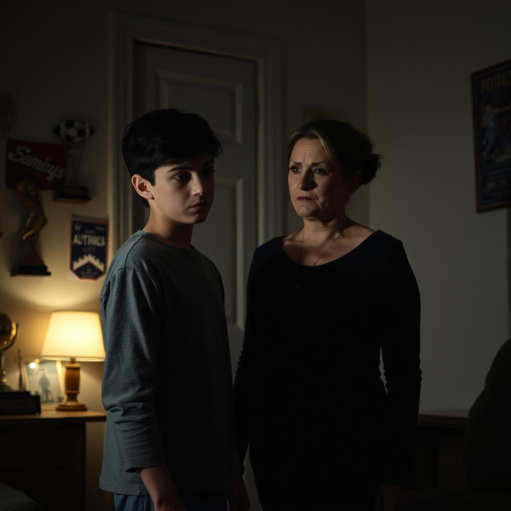 A teenage boy standing in a dimly lit room, looking determined yet slightly anxious as he asks his mother for permission to go out
