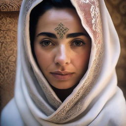 A detailed and closer view of a woman subtly covered in a traditional Moroccan veil within a Hammam, masking her facial features, highlighting the rich cultural heritage