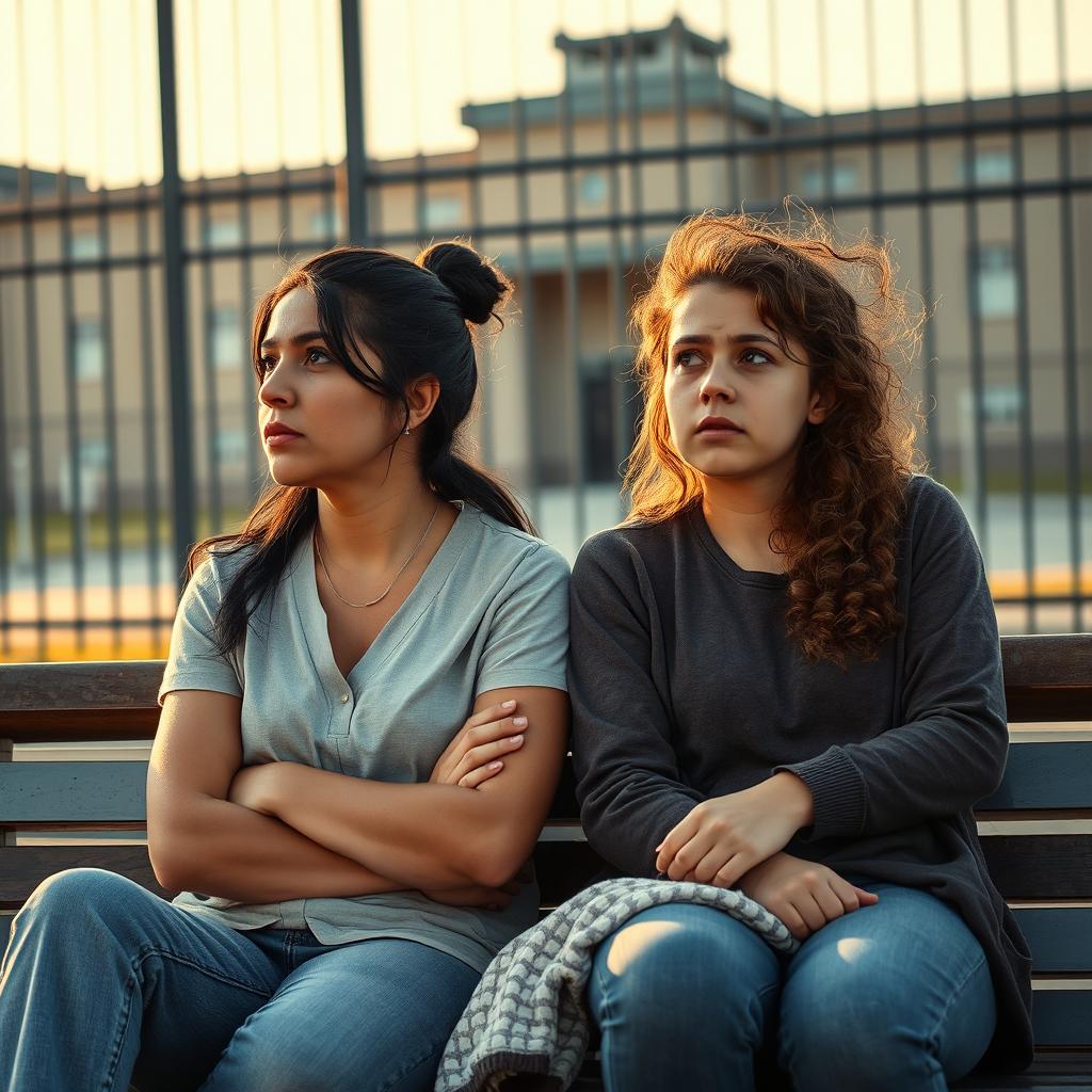A mother and her daughter waiting anxiously for the son/brother to be released from prison